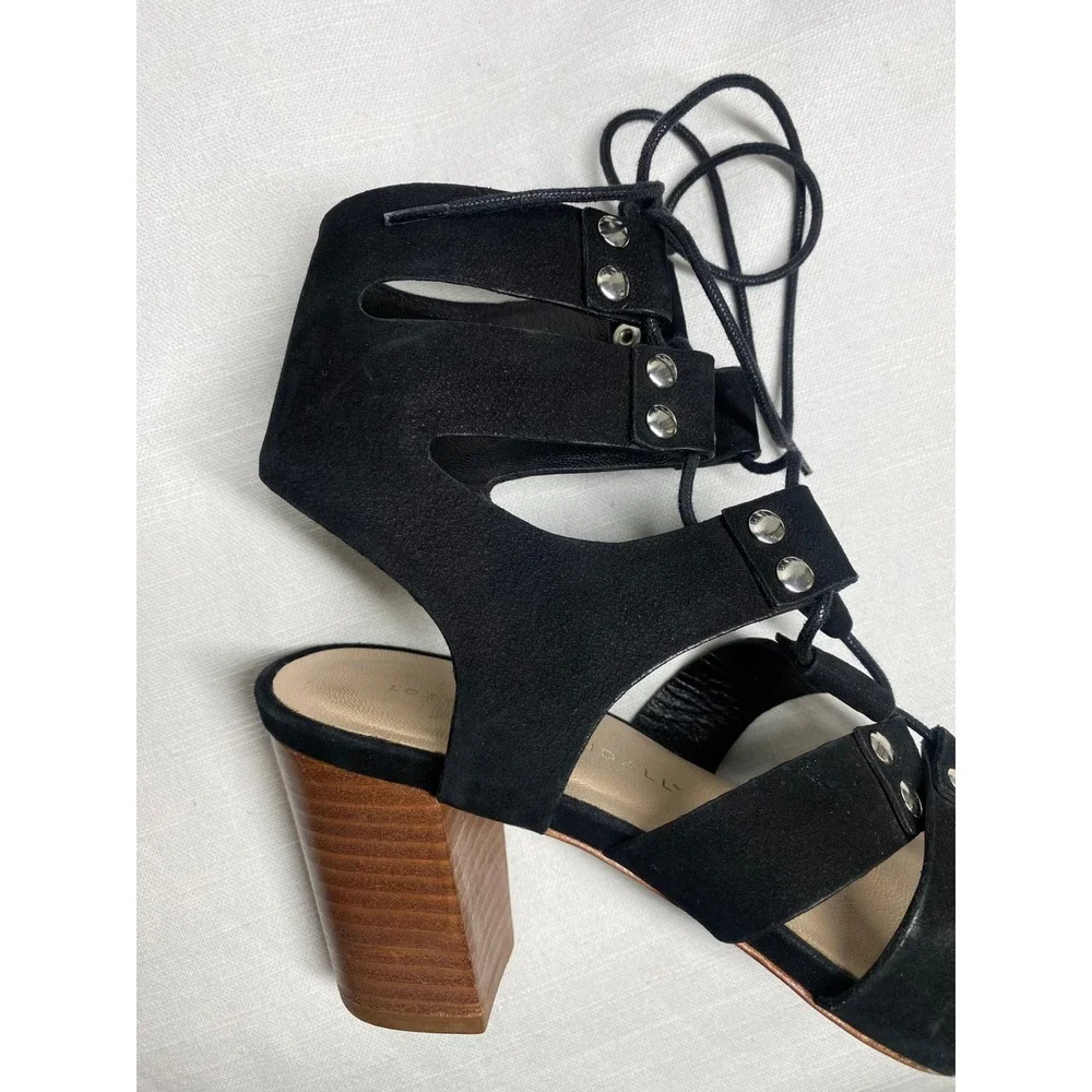 Loeffler‎ Randall Hana Lace-Up Gladiator Heeled Sandals Black Leather Size 7